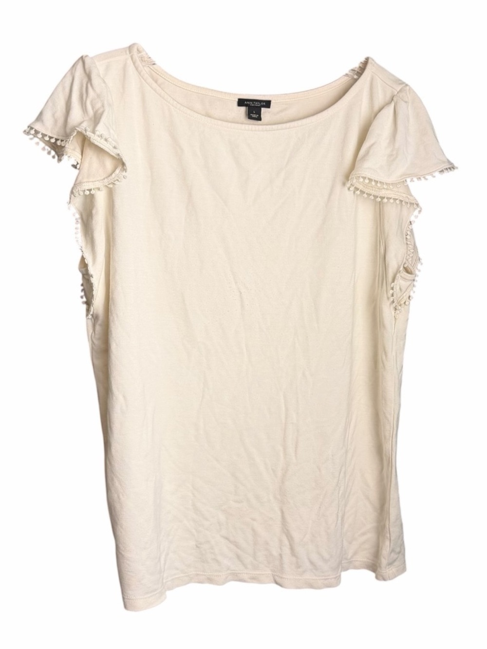 Ann Taylor Ruffle Short Sleeve Fringe Hem White Large Summer